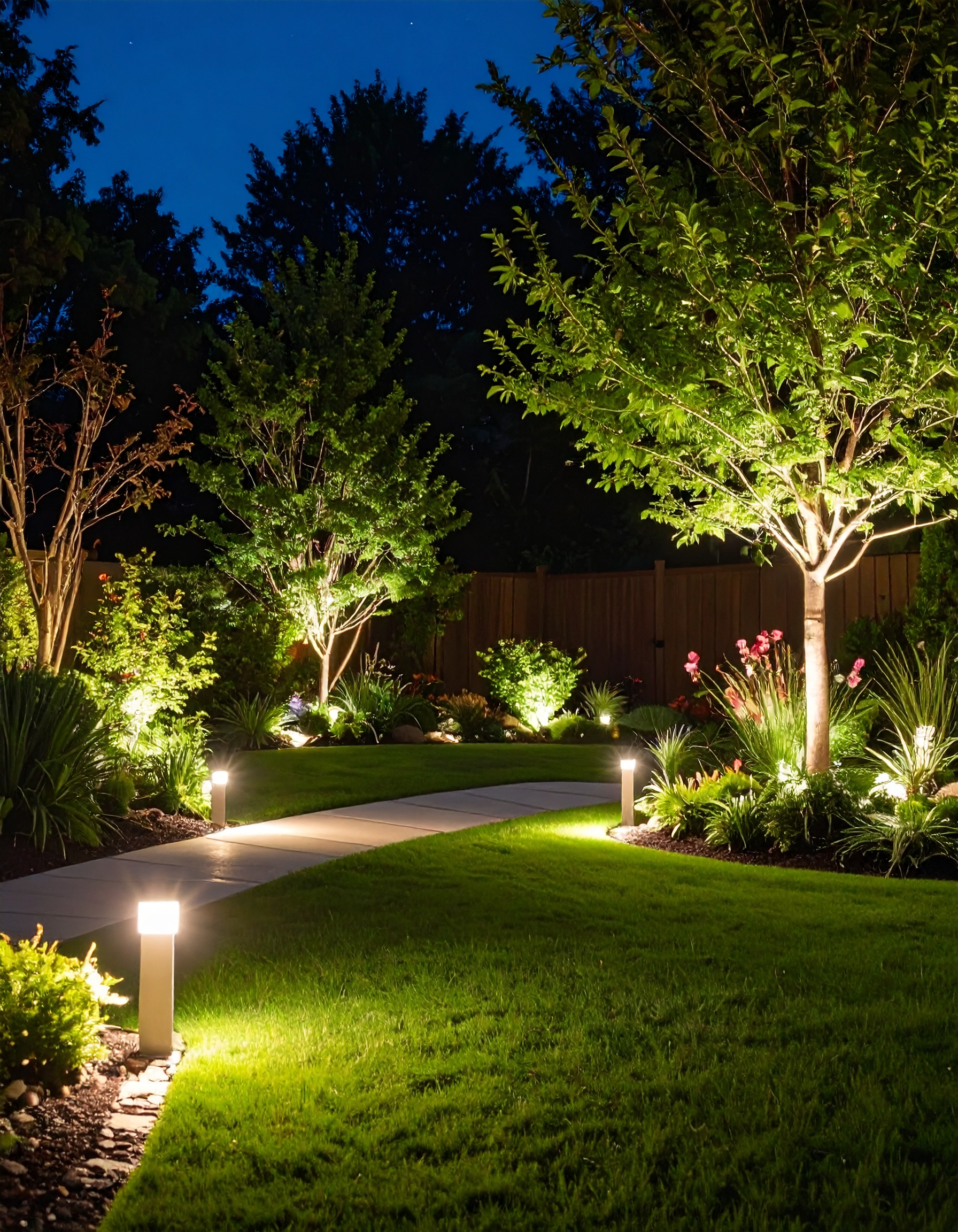 Firefly_Cinematic, realistic night scene of a backyard garden beautifully lit by professional 311024