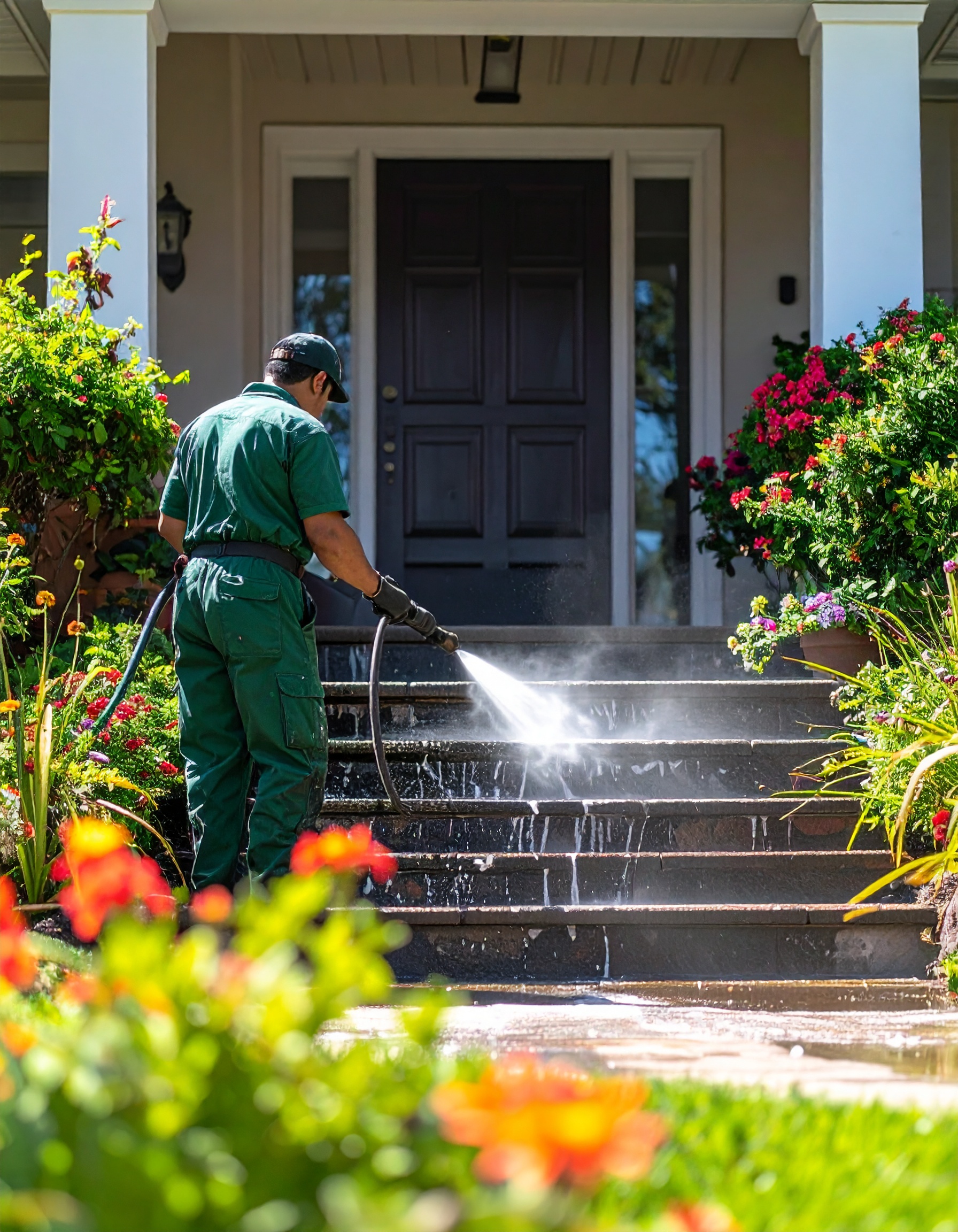Firefly_Close-up, realistic scene of a man in a green uniform pressure washing the front step 952914