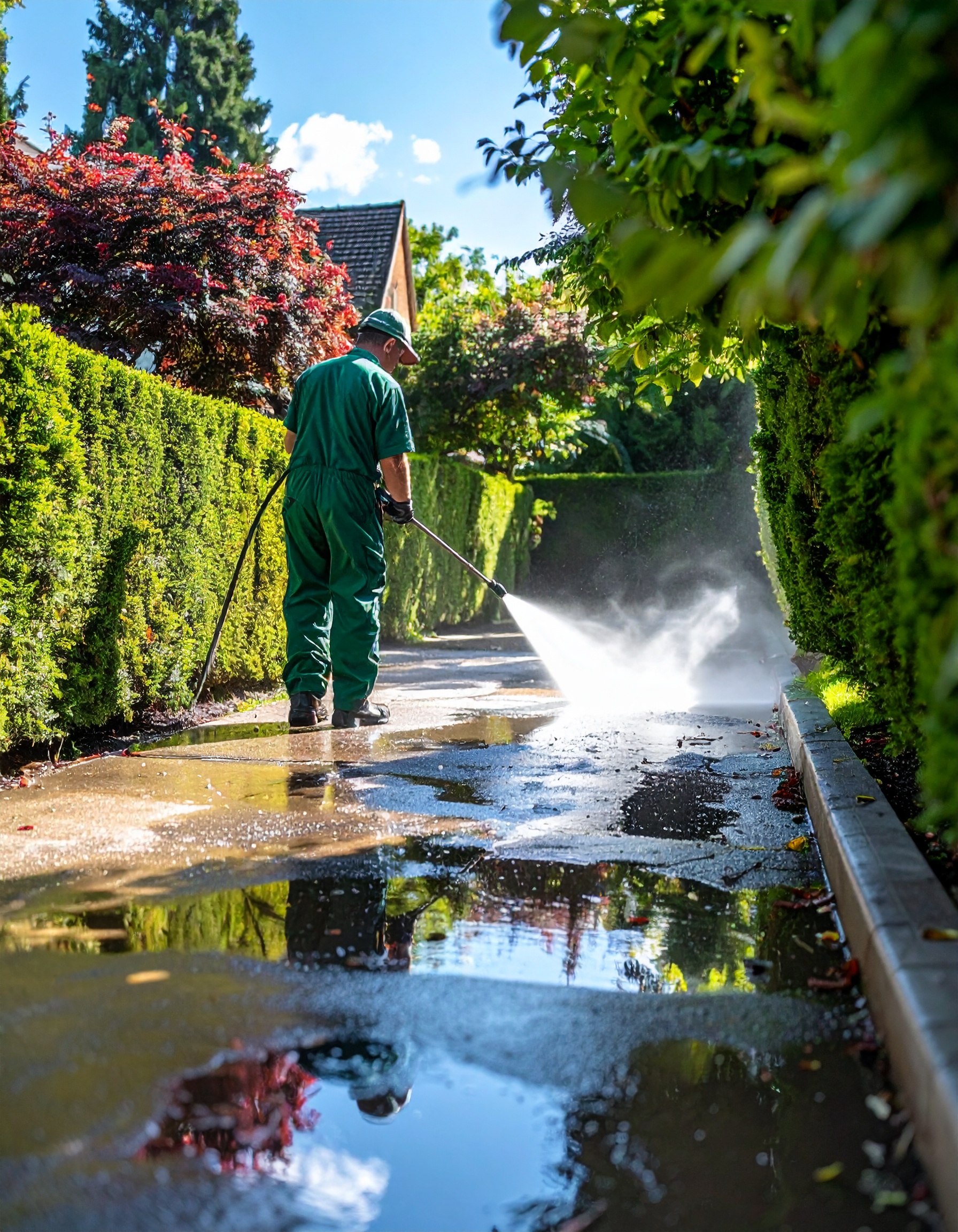 Firefly_Male worker wearing a green pressure washing uniform cleaning a driveway, leaving a s 342984