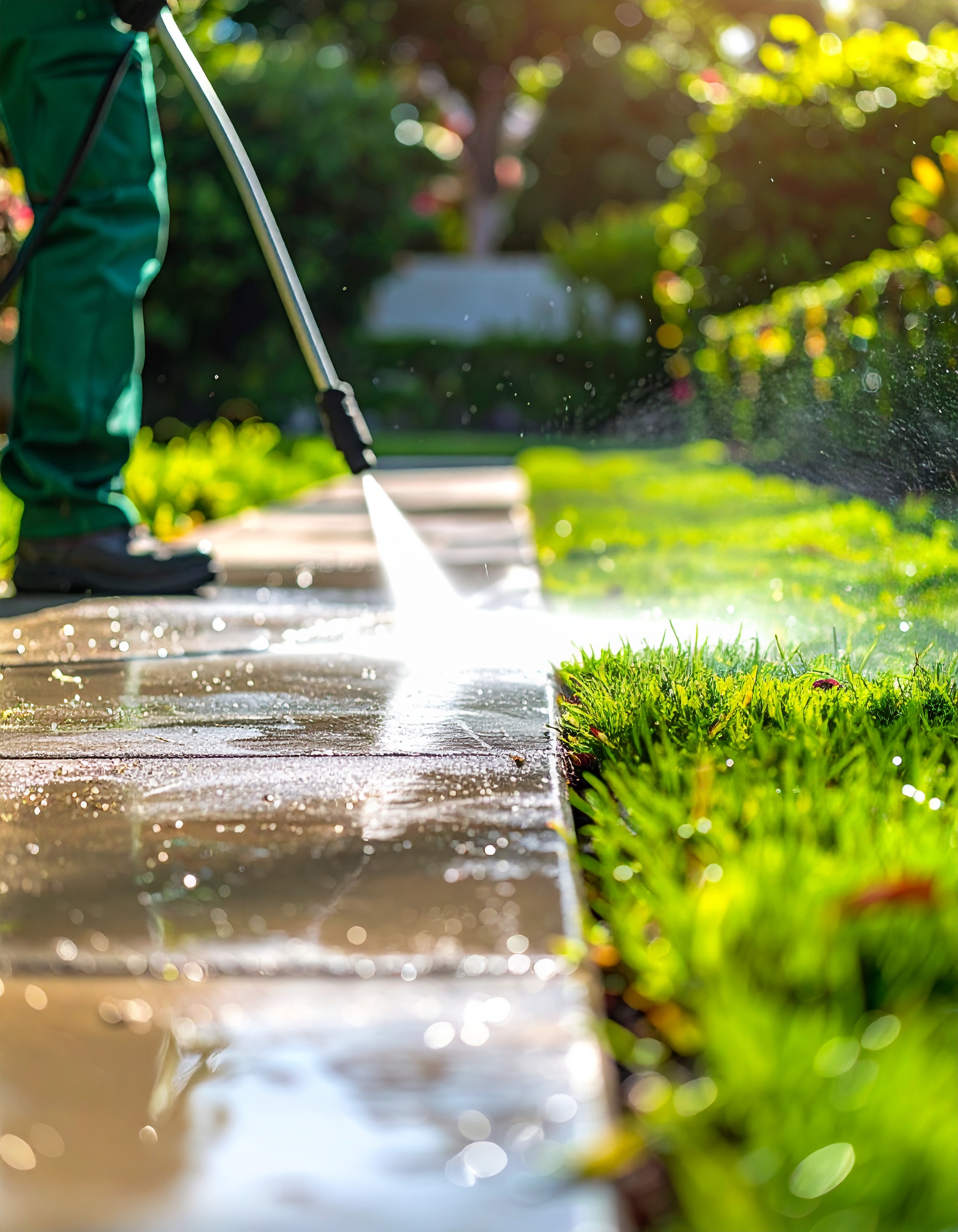 Firefly_Realistic image of a male worker wearing a green uniform using a pressure washer to c 61791