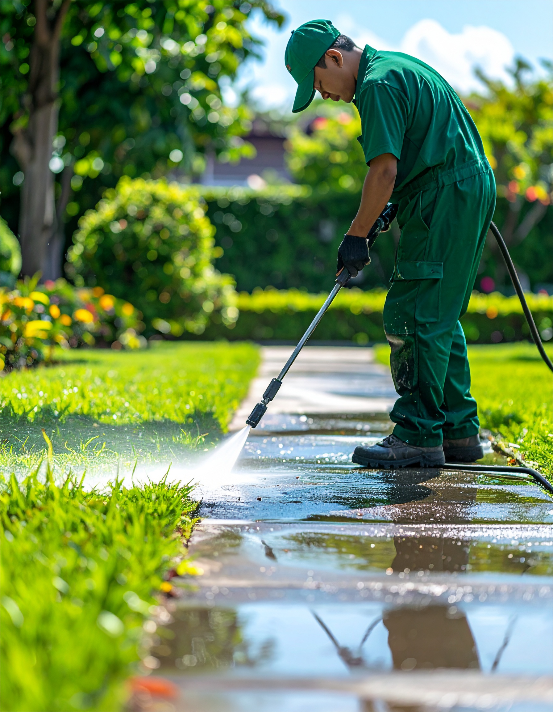 Firefly_Realistic image of a male worker wearing a green uniform using a pressure washer to c 774448