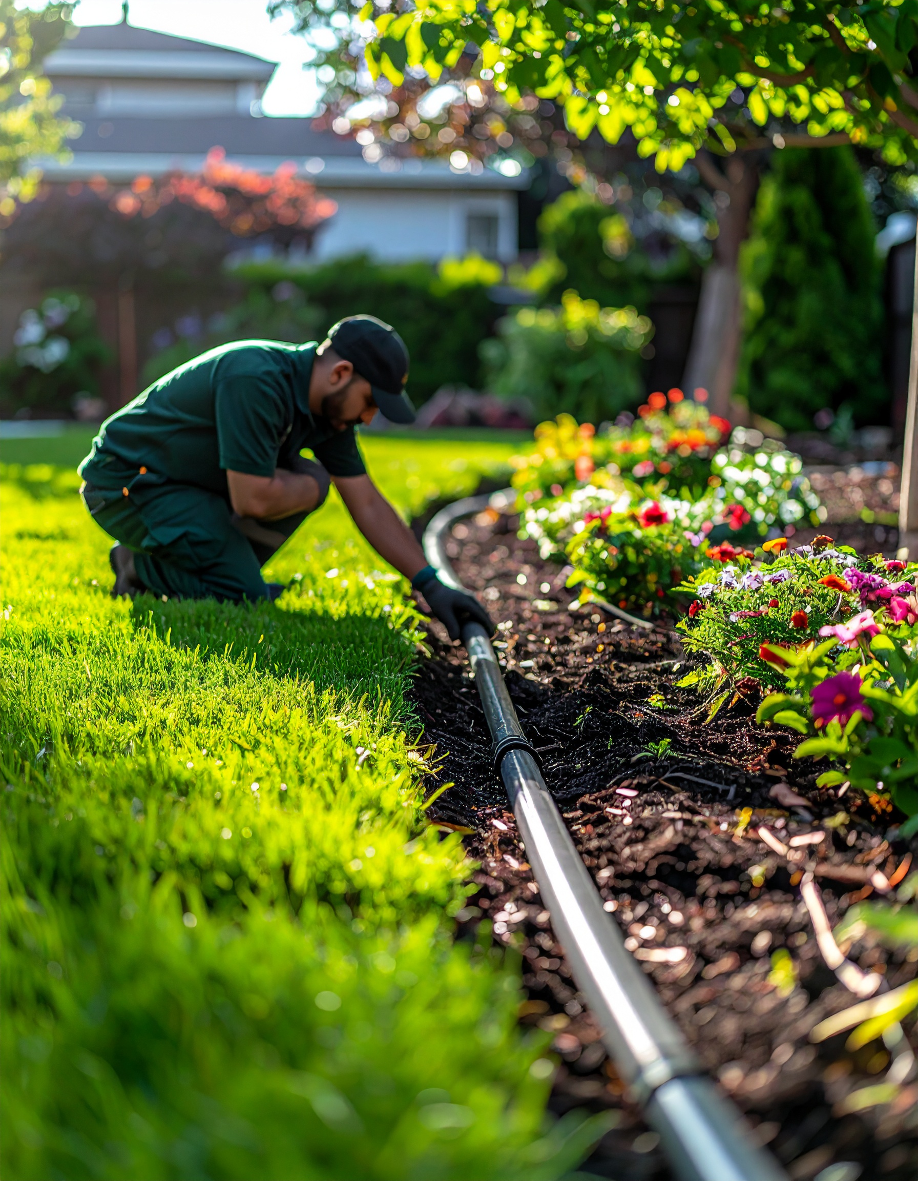 Firefly_Wide realistic image of a male worker in dark green uniform laying out irrigation pip 295934