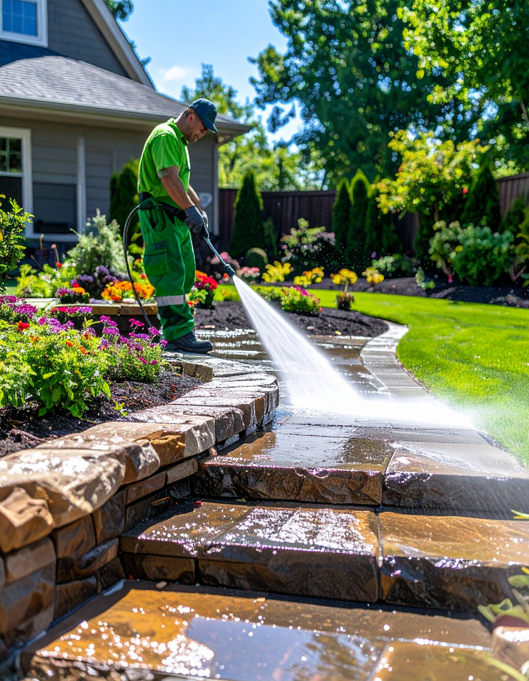 Firefly_Wide shot of a man in a bright green work uniform pressure washing a patio area in a 342984